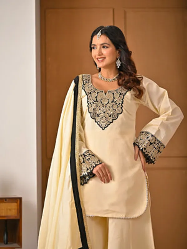 White_Heavy_Roman_Silk_Kurti_Sharara_Set_For_Women
