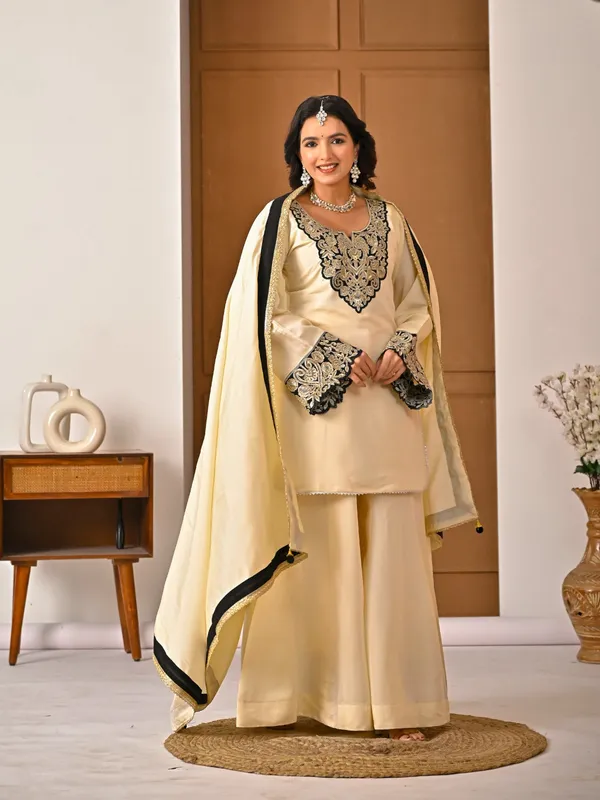 White_Heavy_Roman_Silk_Kurti_Sharara_Set_For_Women