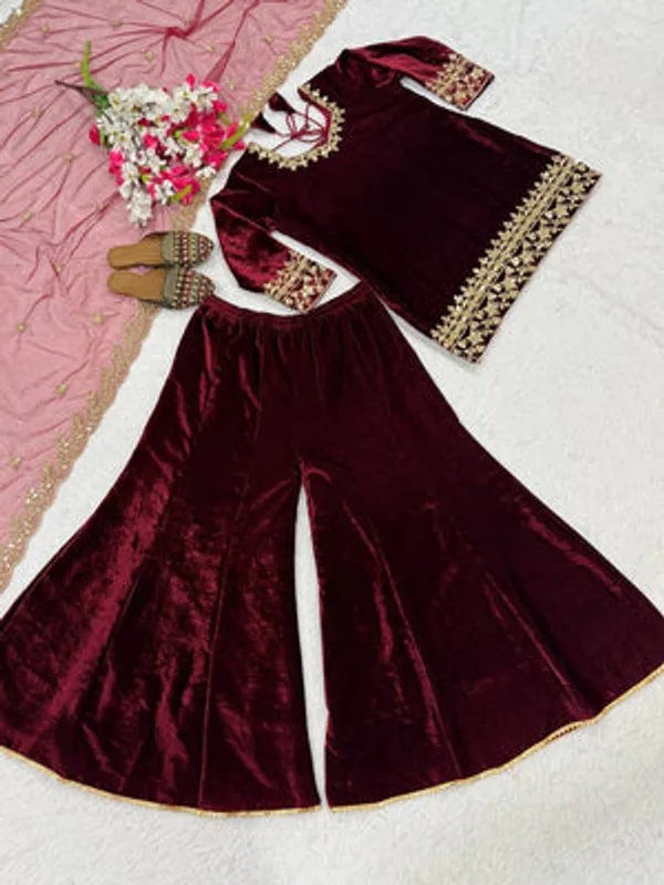 Maroon_Pure_Heavy_Viscose_Velvet_Sharara_Palazzo_Set_For_Women