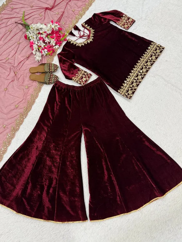 Maroon_Pure_Heavy_Viscose_Velvet_Sharara_Palazzo_Set_For_Women
