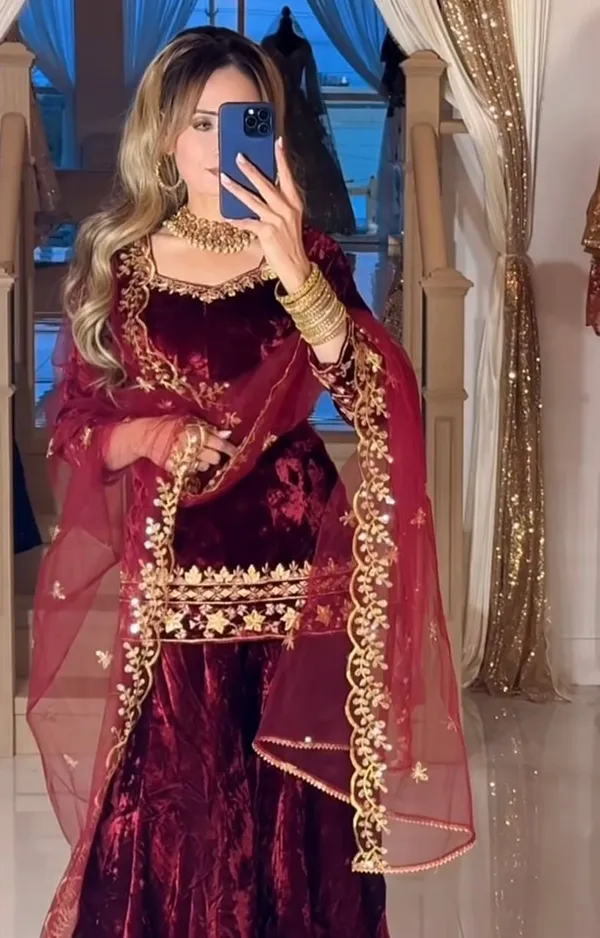Maroon_Pure_Heavy_Viscose_Velvet_Sharara_Palazzo_Set_For_Women