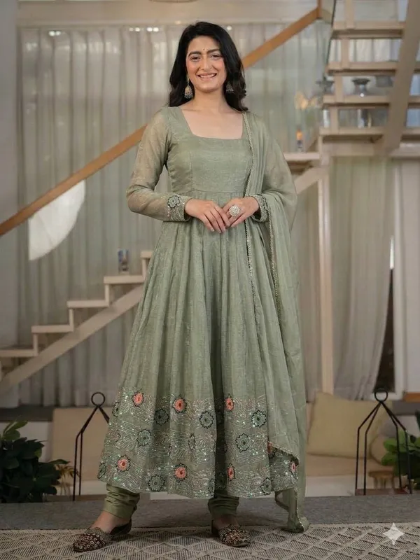 Sage_Green_Heavy_Crunchy_Silk_Anarkali_Kurta_Set_For_Women