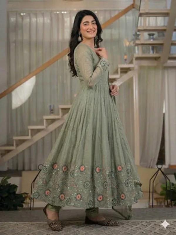 Sage_Green_Heavy_Crunchy_Silk_Anarkali_Kurta_Set_For_Women