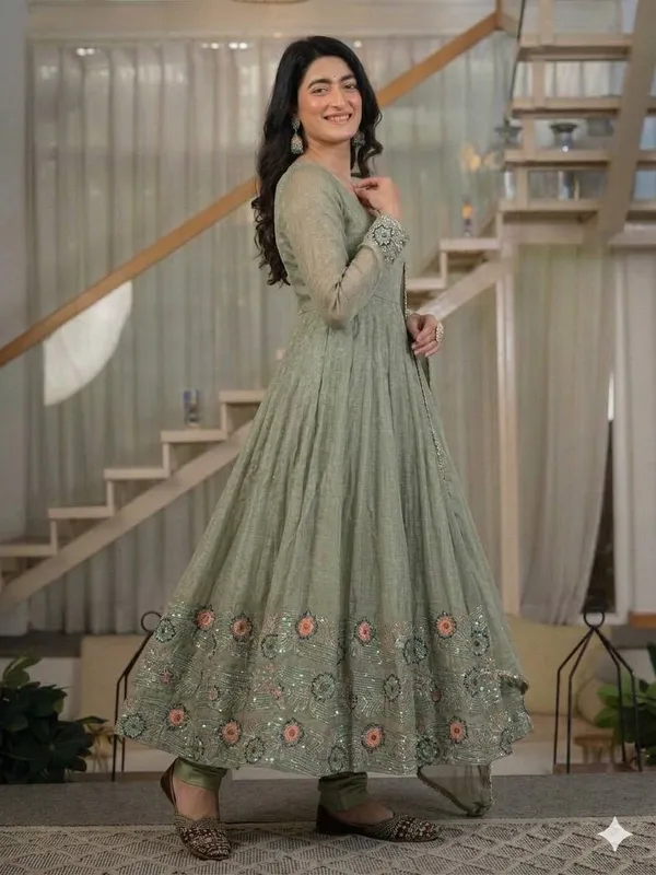Sage_Green_Heavy_Crunchy_Silk_Anarkali_Kurta_Set_For_Women