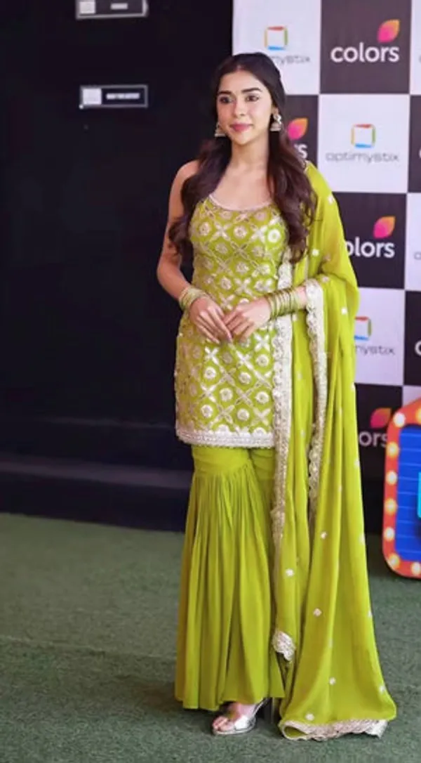 Lime_Green_Heavy_Faux_Georgette_Sharara_Set_For_Women