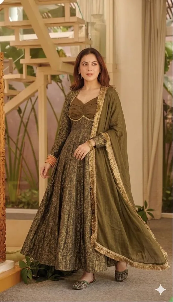 Light_Olive_Heavy_Floral_Brocade_Jacquard_Anarkali_Suit_Set_For_Women