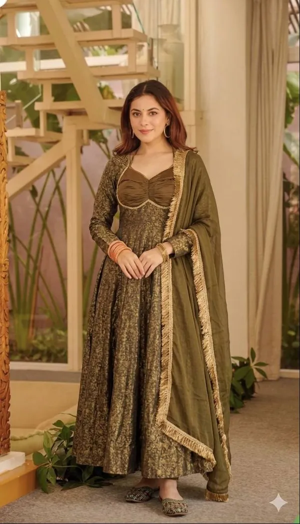 Light_Olive_Heavy_Floral_Brocade_Jacquard_Anarkali_Suit_Set_For_Women