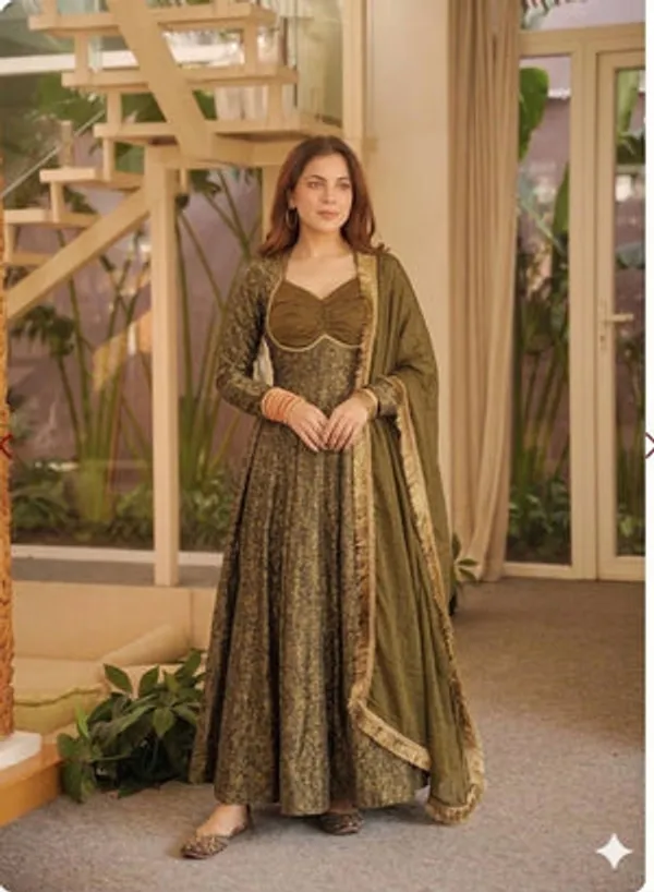 Light_Olive_Heavy_Floral_Brocade_Jacquard_Anarkali_Suit_Set_For_Women