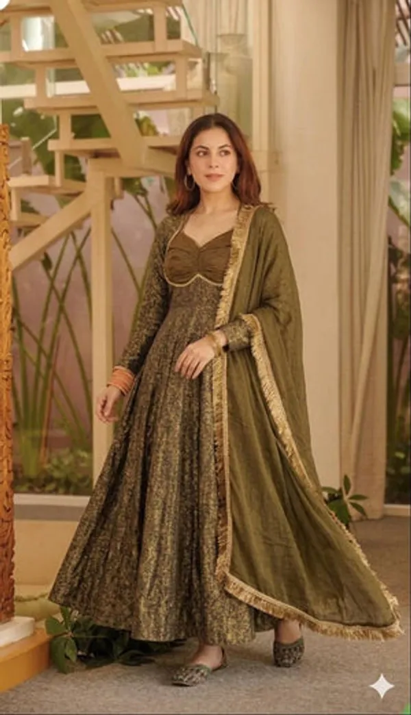 Light_Olive_Heavy_Floral_Brocade_Jacquard_Anarkali_Suit_Set_For_Women