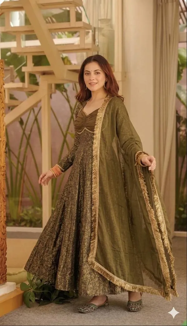 Light_Olive_Heavy_Floral_Brocade_Jacquard_Anarkali_Suit_Set_For_Women