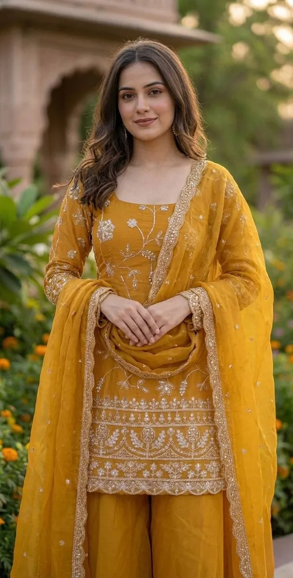 Yellow_Heavy_Blooming_Georgette_Kurti_Palazzo_Set_For_Women
