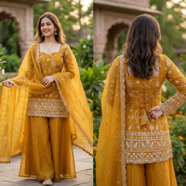 Yellow_Heavy_Blooming_Georgette_Kurti_Palazzo_Set_For_Women