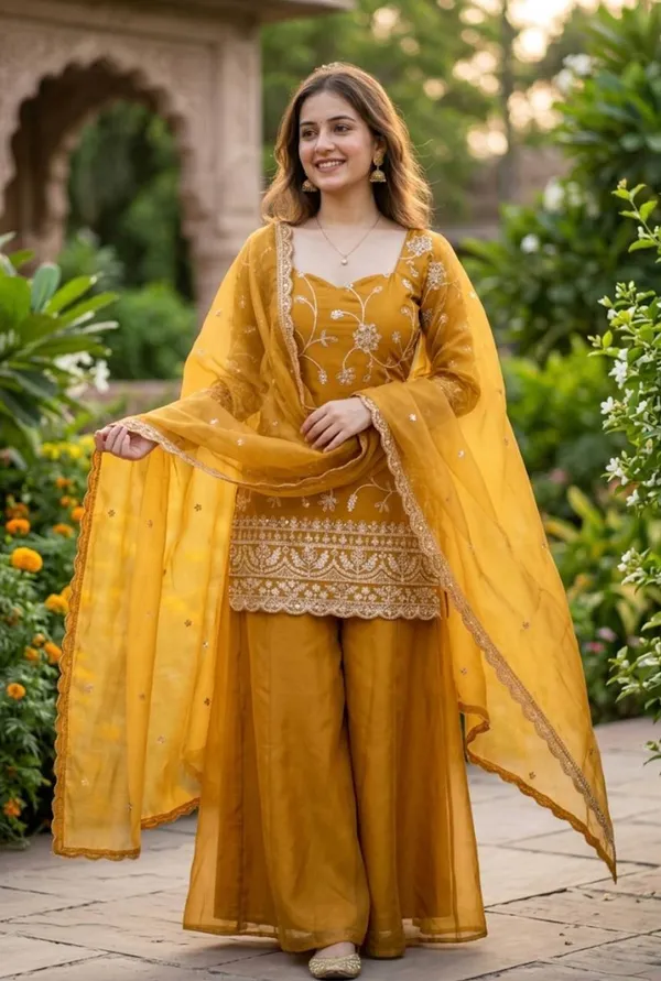Yellow_Heavy_Blooming_Georgette_Kurti_Palazzo_Set_For_Women