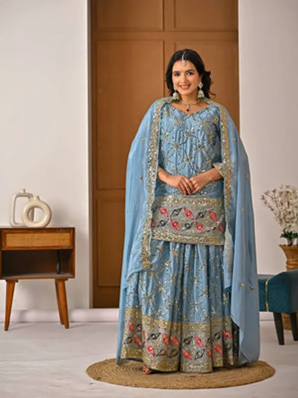 Sky_Blue_Heavy_Chiffon_Silk_Sharara_Suit_Set_For_Women