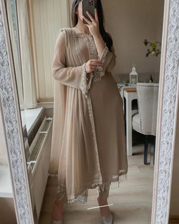 Dark_Beige_Faux_Georgette_Top_Pant_Dupatta_Set_For_Women