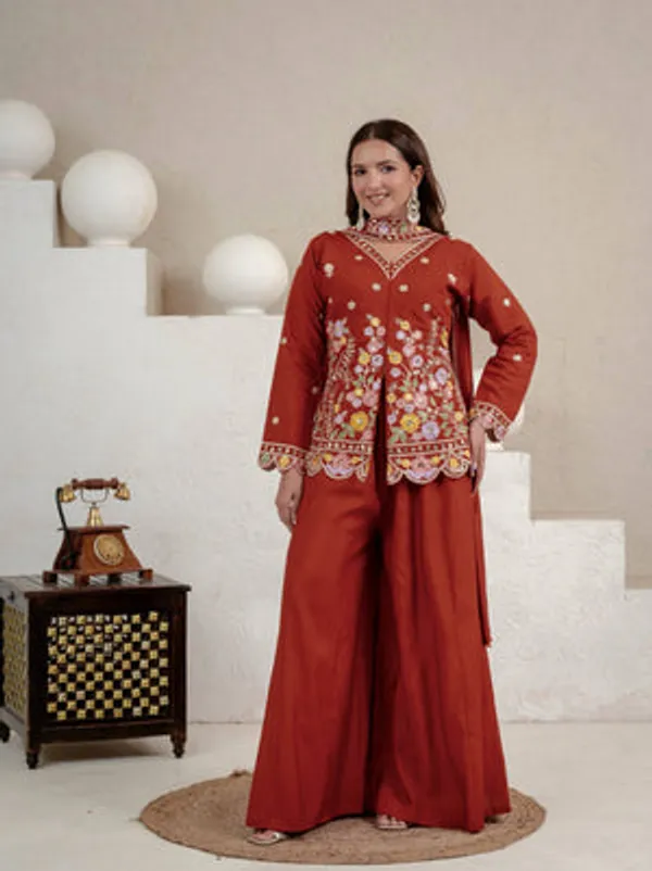 Orange_Heavy_Roman_Silk_Kurta_Palazzo_Set_For_Women