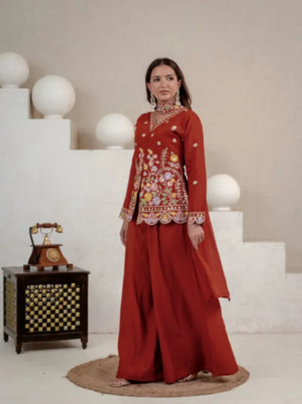 Orange_Heavy_Roman_Silk_Kurta_Palazzo_Set_For_Women