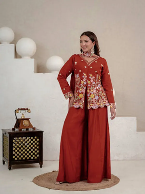 Orange_Heavy_Roman_Silk_Kurta_Palazzo_Set_For_Women