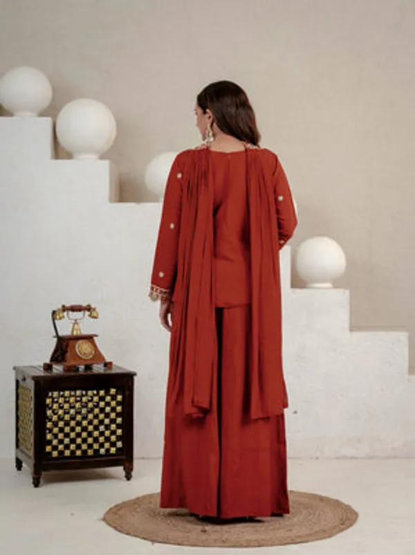 Orange_Heavy_Roman_Silk_Kurta_Palazzo_Set_For_Women