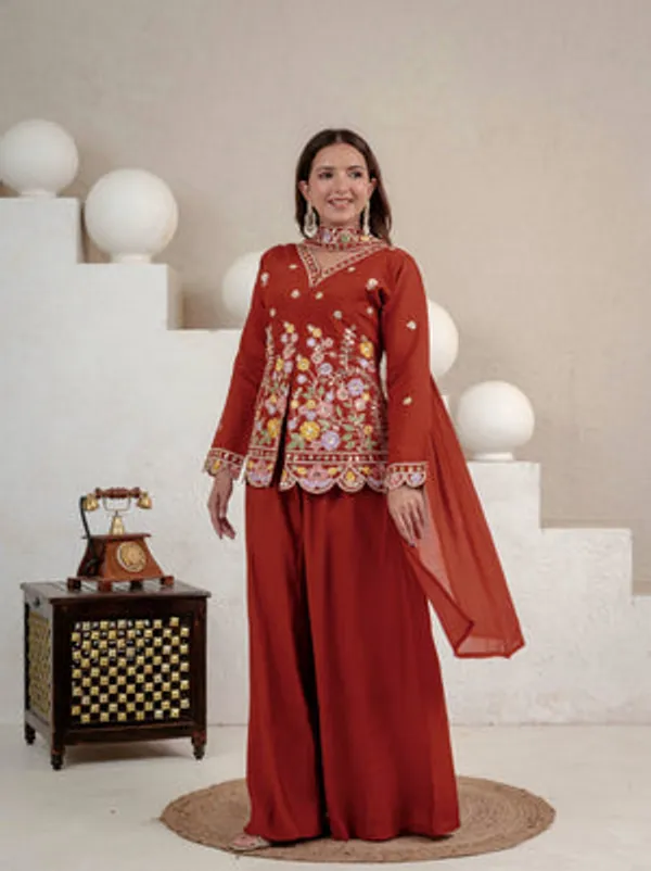Orange_Heavy_Roman_Silk_Kurta_Palazzo_Set_For_Women