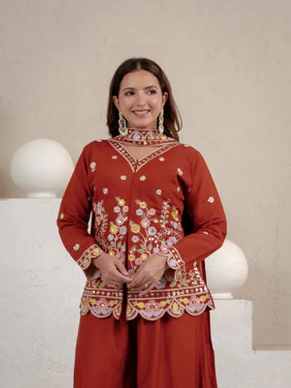 Orange_Heavy_Roman_Silk_Kurta_Palazzo_Set_For_Women