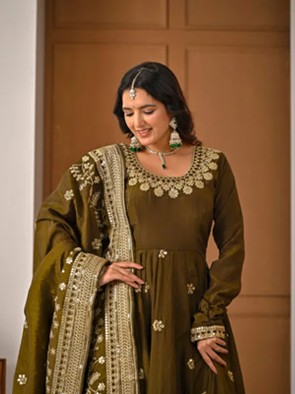 Light_Olive_Vichitra_Silk_Anarkali_Kurti_Set_For_Women