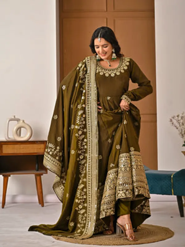 Light_Olive_Vichitra_Silk_Anarkali_Kurti_Set_For_Women