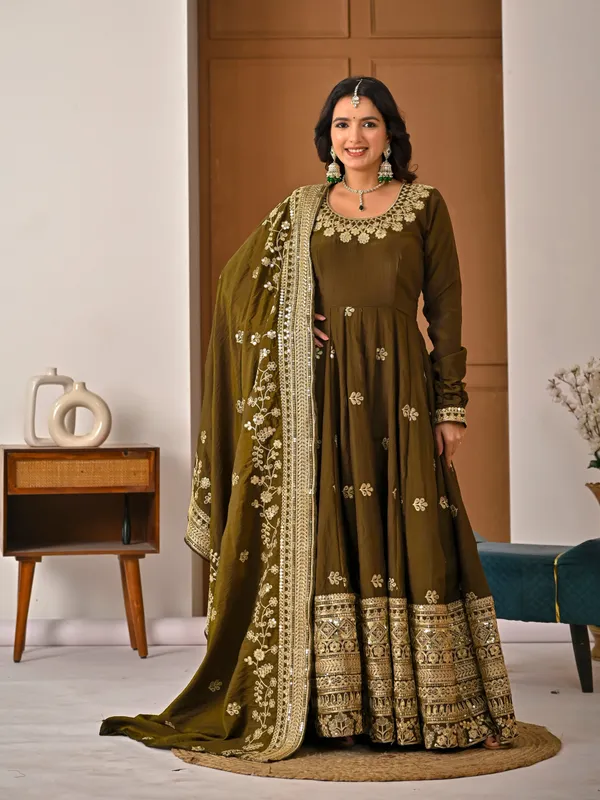Light_Olive_Vichitra_Silk_Anarkali_Kurti_Set_For_Women