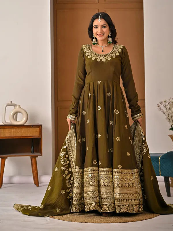 Light_Olive_Vichitra_Silk_Anarkali_Kurti_Set_For_Women