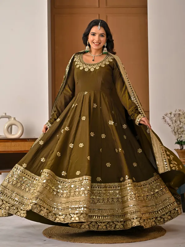 Light_Olive_Vichitra_Silk_Anarkali_Kurti_Set_For_Women