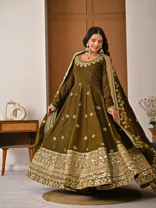 Light_Olive_Vichitra_Silk_Anarkali_Kurti_Set_For_Women