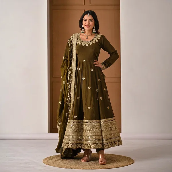 Light_Olive_Vichitra_Silk_Anarkali_Kurti_Set_For_Women