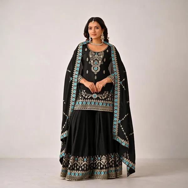 Black_Vichitra_Silk_Sharara_Suit_Set_For_Women