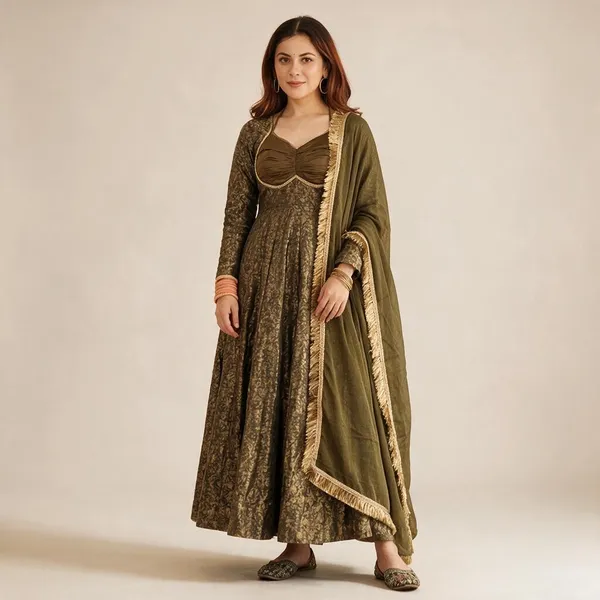 Light_Olive_Heavy_Floral_Brocade_Jacquard_Anarkali_Suit_Set_For_Women
