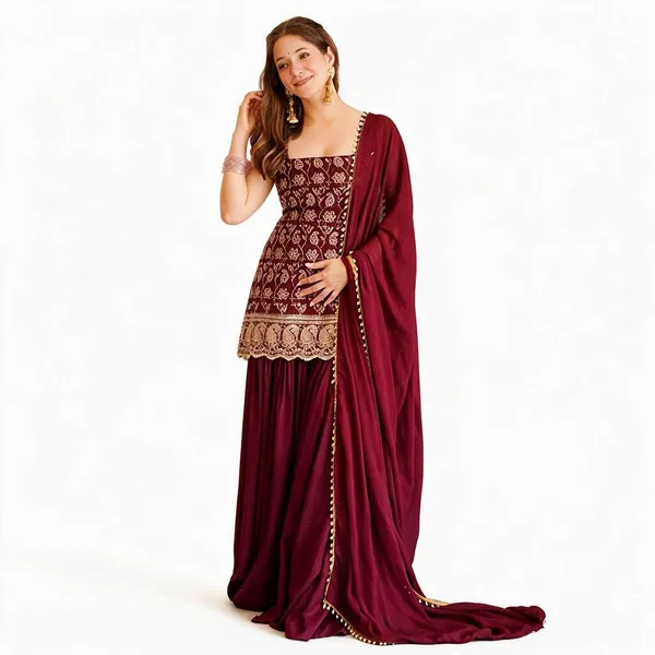 Maroon_Heavy_Blooming_Faux_Georgette_Sharara_Set_For_Women