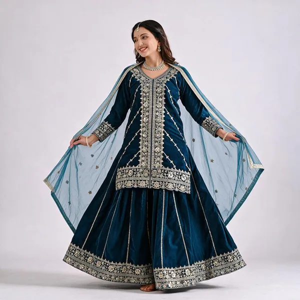 Midnight_Blue_Viscose_Velvet_Sharara_Suit_Set_For_Women