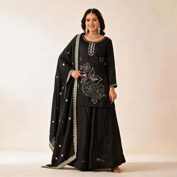 Black_Heavy_Vichitra_Silk_Sharara_Set_For_Women