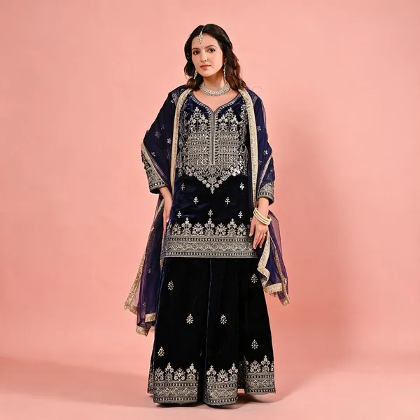 Midnight_Blue_Heavy_Vichitra_Silk_Sharara_Set_For_Women