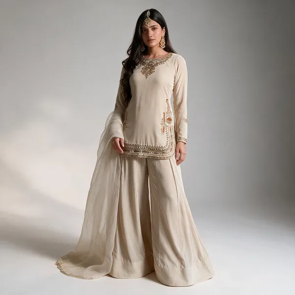 White_Korean_Satin_Silk,_Tabby_Organza_Sharara_Set_For_Women