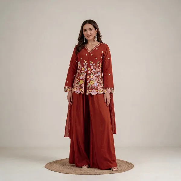 Orange_Heavy_Roman_Silk_Kurta_Palazzo_Set_For_Women