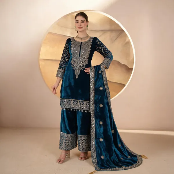 Blue_Pure_Heavy_Viscose_Velvet_Kurti_Palazzo_Set_For_Women