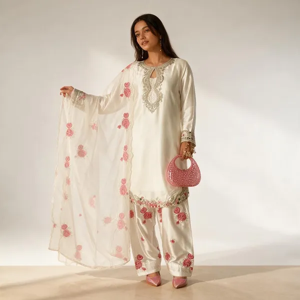 White_Pure_Heavy_Viscose_Velvet,_Heavy_Butterfly_Net_Silk_Suit_Set_For_Women