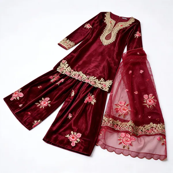 Maroon_Pure_Heavy_Viscose_Velvet,_Heavy_Butterfly_Net_Silk_Suit_Set_For_Women