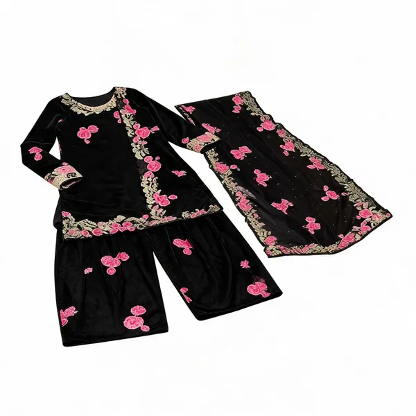Black_Pure_Heavy_Viscose_Velvet,_Heavy_Butterfly_Net_Silk_Suit_Set_For_Women