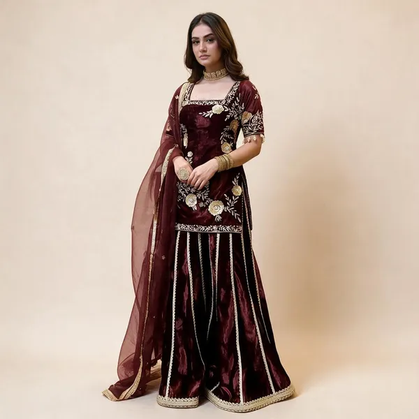 Maroon_Pure_Fendi_Kurti_Sharara_Set_For_Women