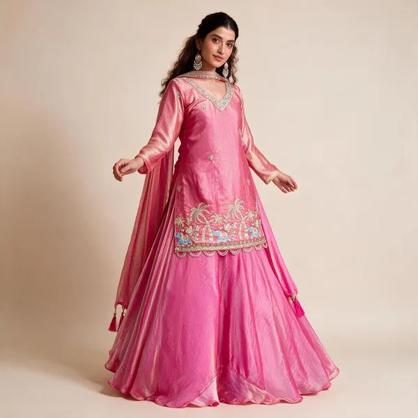 Pink_Heavy_Malay_Satin_Silk,_Tabby_Organza_Silk_Lehenga_Choli_Set_For_Women