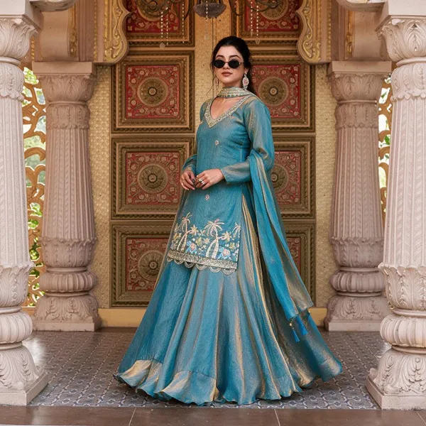 Blue_Heavy_Malay_Satin_Silk,_Tabby_Organza_Silk_Lehenga_Choli_Set_For_Women