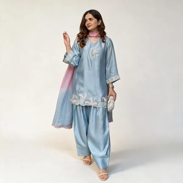 Sky_Blue_Pure_Cotton_Silk,_Heavy_Pure_Tabby_Organza_Silk_Kurti_Palazzo_Set_For_Women
