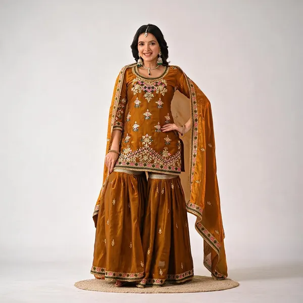 Yellow_Heavy_Fancy_Silk_Kurti_Sharara_Set_For_Women