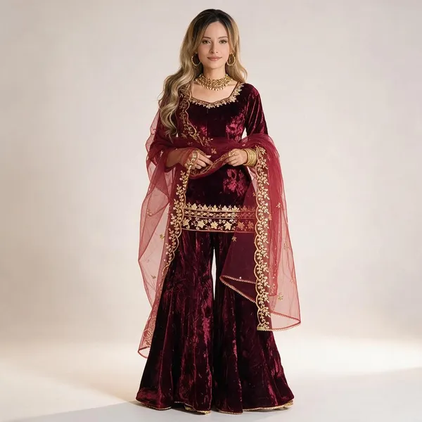 Maroon_Pure_Heavy_Viscose_Velvet_Sharara_Palazzo_Set_For_Women